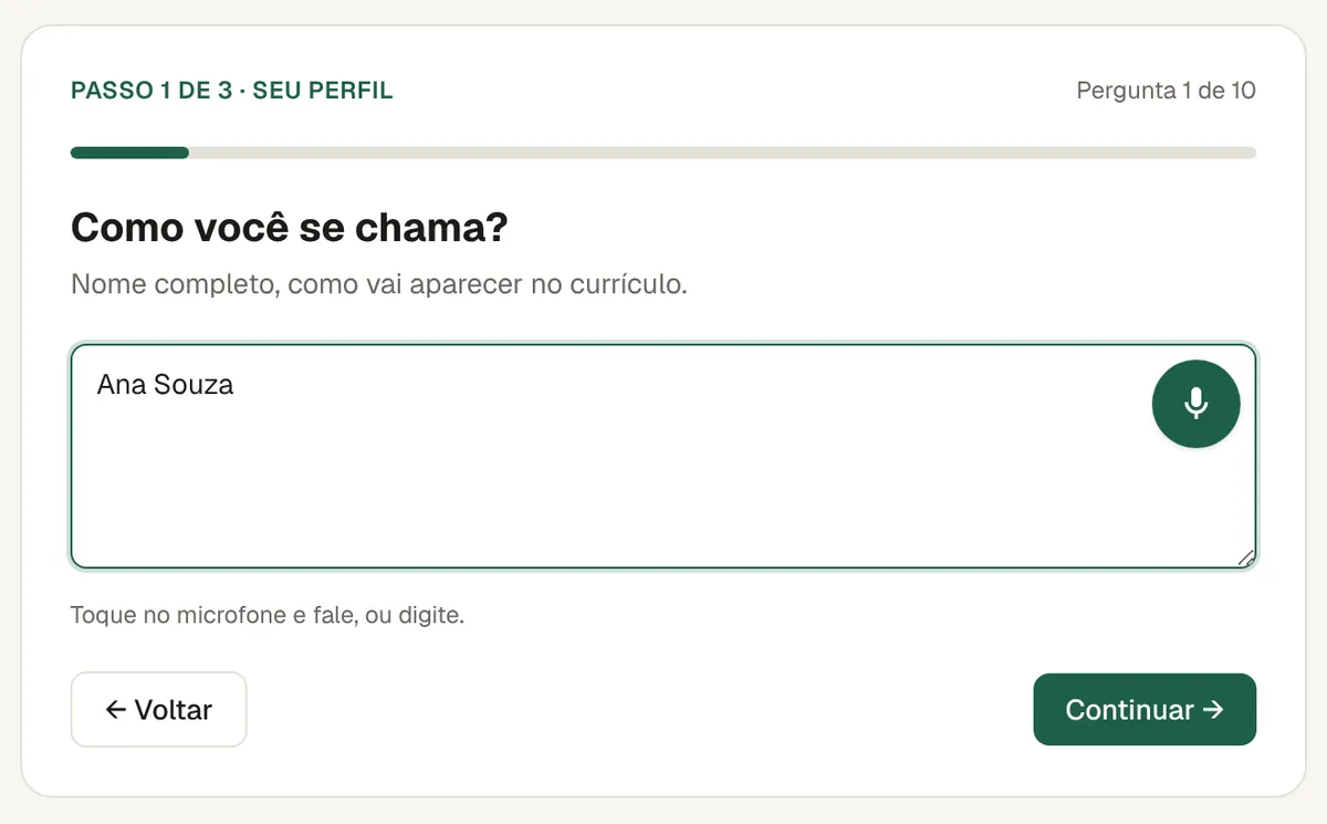 Tela do app: Conte quem você é (dados de exemplo)